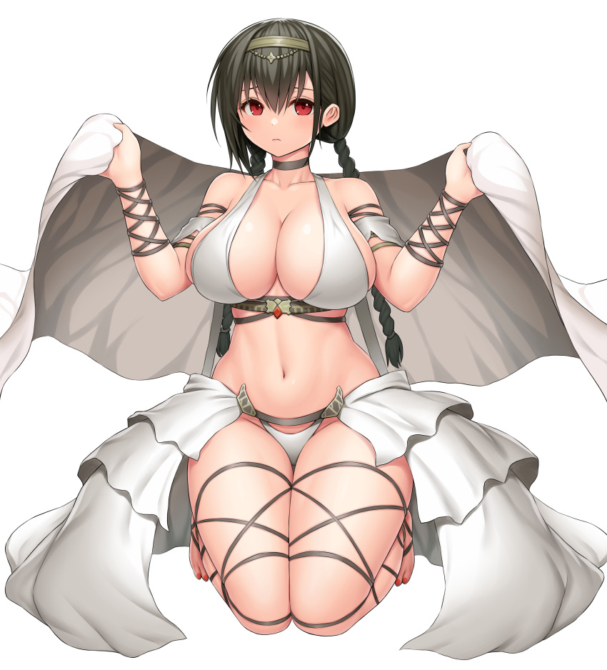 1girl absurdres asamura_hiori azur_lane bangs bare_shoulders barefoot bikini black_choker black_hair bolzano_(azur_lane) braid breasts character_request check_character choker cleavage cloak closed_mouth collarbone commentary_request dancer full_body hair_between_eyes hairband highres holding holding_clothes huge_breasts kneeling legs long_hair looking_at_viewer nail_polish navel official_alternate_costume red_eyes red_nails sidelocks simple_background soles solo stomach swimsuit throne toenail_polish toenails toes twin_braids waistcoat white_background white_bikini white_cloak