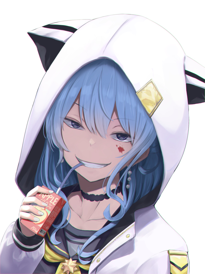 1girl black_choker blood blood_on_face blue_eyes blue_hair choker chromatic_aberration collarbone earrings evil_grin evil_smile grin hair_between_eyes highres hololive hood hoshimachi_suisei izu_(tea_value_lord) jacket jewelry juice_box portrait sailor_collar smile solo virtual_youtuber white_hood white_jacket