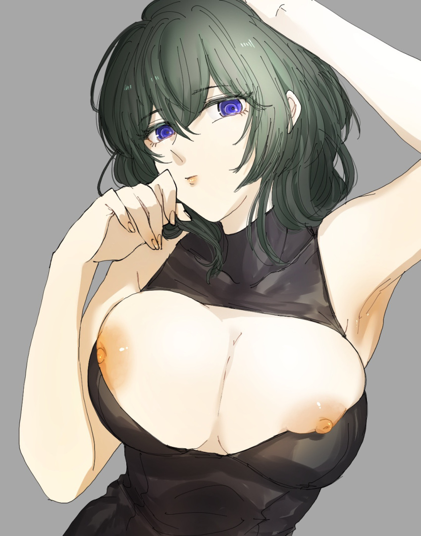 1girl arm_up armpits breasts byleth_(fire_emblem) byleth_(fire_emblem)_(female) closed_mouth fire_emblem fire_emblem:_three_houses green_hair hand_on_own_face highres looking_at_viewer medium_breasts medium_hair miyafujyoshidesuga nipples purple_eyes simple_background solo upper_body