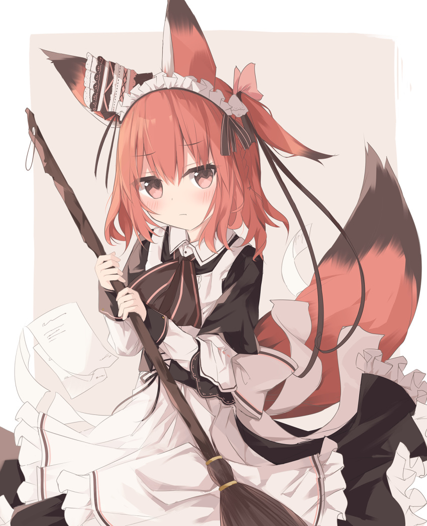 1girl animal_ears apron black_dress black_hair broom closed_mouth commentary_request dress fox_ears fox_girl fox_tail frilled_dress frills grey_background highres holding holding_broom kushida_you layered_sleeves long_sleeves looking_at_viewer maid maid_apron maid_headdress multicolored_hair one_side_up original puffy_short_sleeves puffy_sleeves red_eyes red_hair short_over_long_sleeves short_sleeves solo streaked_hair tail two-tone_background white_apron white_background