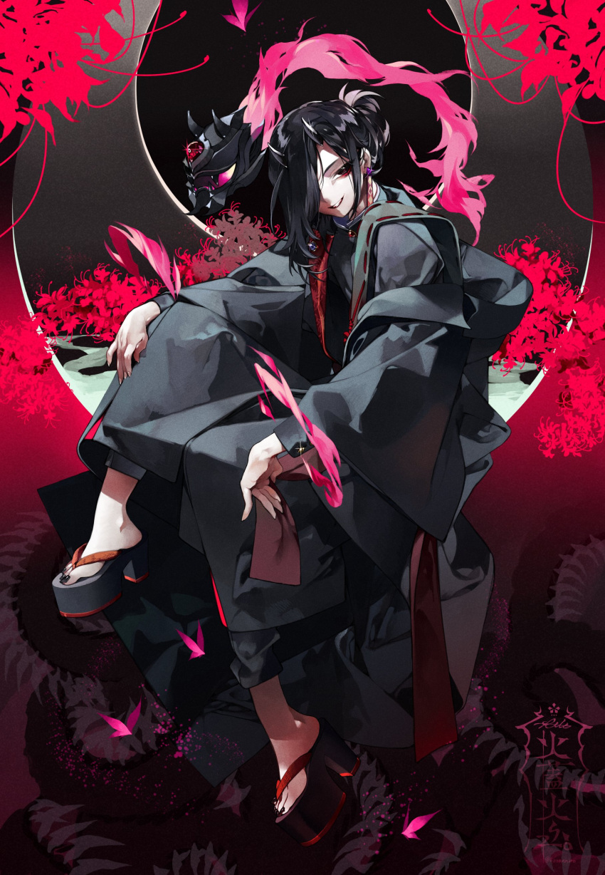 1other absurdres asymmetrical_hair bangs black_background black_eyes black_hair black_horns bug butterfly commentary earrings fire flower gakuran gorozaemon_(housamo) hair_over_one_eye highres horns jacket jewelry kazanniro mask oni_horns open_mouth other_focus pink_fire platform_footwear red_eyeliner sandals school_uniform signature single_earring sitting smile solo spider_lily swept_bangs tokyo_afterschool_summoners
