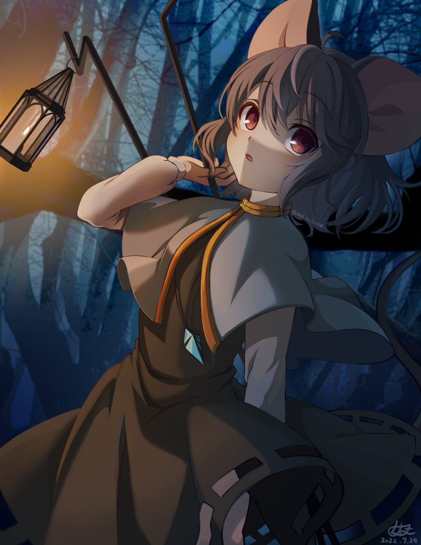 1girl :o ahoge animal_ears bangs black_dress capelet commentary cowboy_shot dated dowsing_rod dress forest grey_capelet grey_hair grey_shirt hair_between_eyes highres holding jewelry lantern long_sleeves ma_tubune medium_hair mouse_ears mouse_girl mouse_tail nature nazrin night open_mouth pendant red_eyes shirt signature solo tail touhou twitter_username