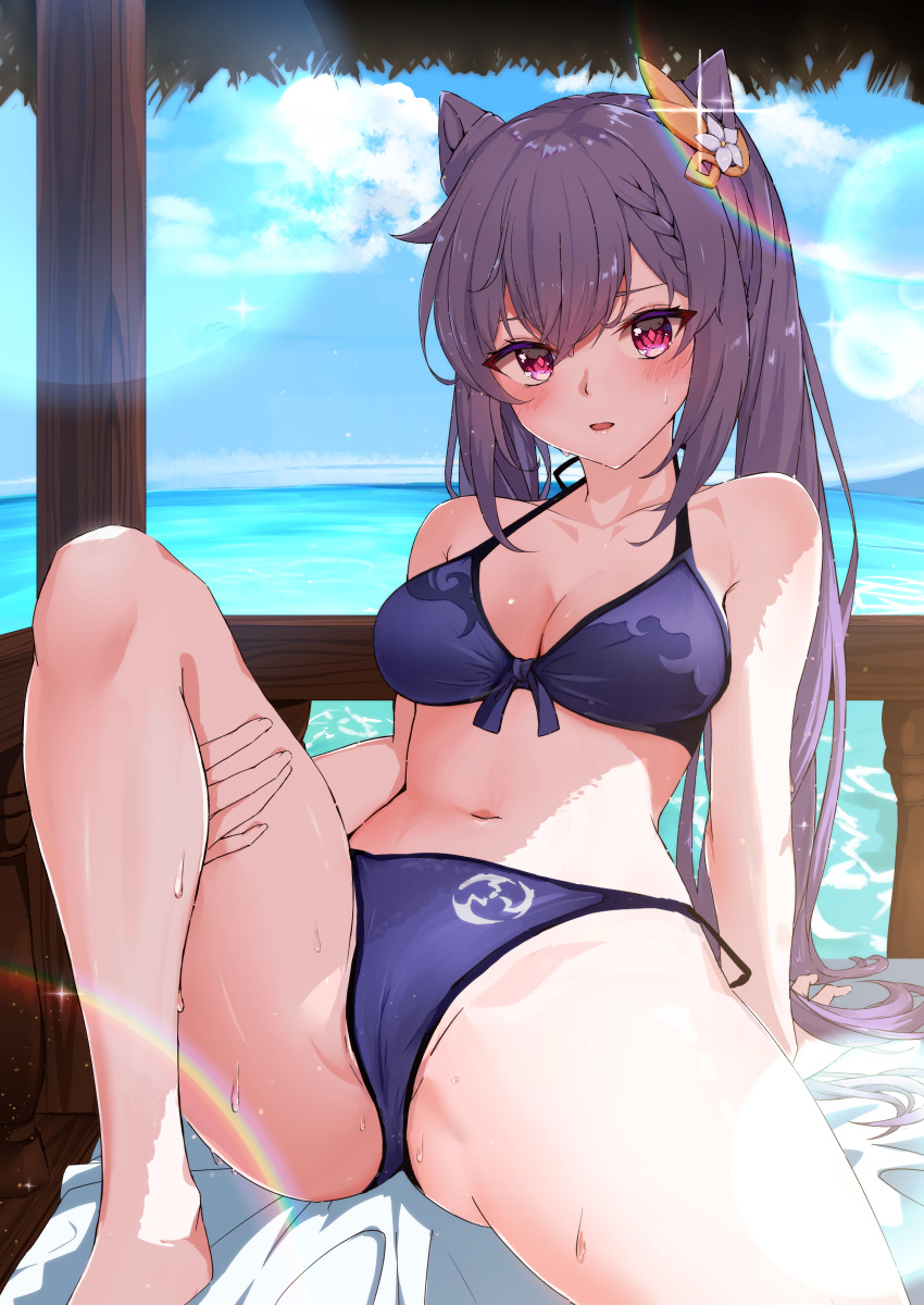 1girl absurdres alternate_costume arm_support bikini blush breasts cleavage cone_hair_bun double_bun front-tie_top genshin_impact hair_bun hair_ornament hand_on_own_thigh highres keqing_(genshin_impact) leaning_back lens_flare looking_at_viewer medium_breasts navel o_aries346 ocean parted_lips purple_hair side-tie_bikini sitting sky solo sparkle spread_legs stomach sunlight swimsuit