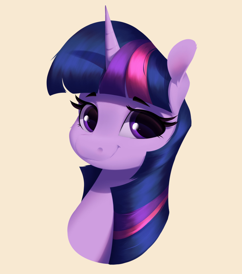 2022 absurd_res aquaticvibes bangs digital_media_(artwork) equid equine eyelashes female feral friendship_is_magic hair hasbro headshot_portrait hi_res horn mammal mane my_little_pony portrait purple_body purple_hair purple_mane simple_background smile solo twilight_sparkle_(mlp) unicorn