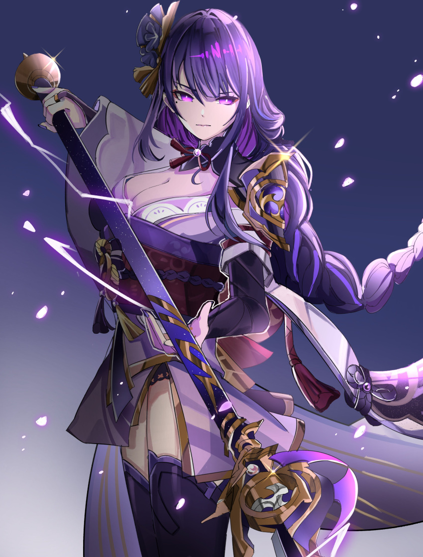 1girl absurdres armor braid braided_ponytail breasts bridal_gauntlets bright_pupils cleavage closed_mouth cowboy_shot electricity floating_hair genshin_impact glint hair_between_eyes hair_ornament highres holding holding_weapon japanese_clothes long_hair looking_at_viewer mole mole_under_eye obi purple_hair raiden_shogun rudang sash shoulder_armor shrug_(clothing) solo thighhighs v-shaped_eyebrows weapon white_pupils