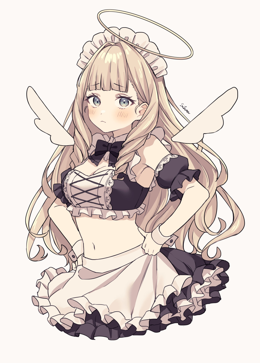 1girl :&lt; absurdres angel angel_wings apron armpits artist_name bangs black_skirt blonde_hair blue_eyes blunt_bangs blush bodice breasts closed_mouth crop_top detached_sleeves detached_wings frown halo hands_on_hips highres juliet_sleeves large_breasts long_hair long_sleeves lq_saku maid maid_headdress midriff navel original petticoat puffy_short_sleeves puffy_sleeves ringlets short_sleeves signature simple_background skirt solo standing stomach upper_body very_long_hair waist_apron white_apron white_background wings wrist_cuffs