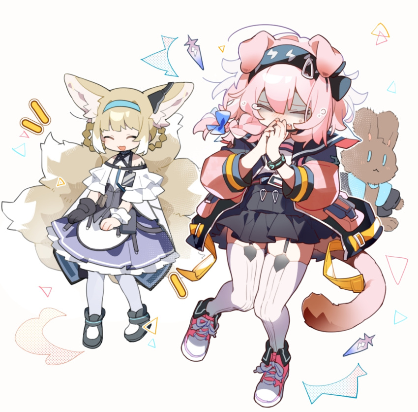 2girls ^_^ amiya_(arknights) animal_ears arknights baiwei_er_hao_ji bare_shoulders black_bow black_bracelet black_footwear black_gloves black_hairband black_skirt blonde_hair blue_bow blue_hairband bow braid cat_ears cat_girl cat_tail character_doll closed_eyes crying dress earpiece fang floppy_ears fox_ears fox_girl fox_tail full_body garter_straps gloves goldenglow_(arknights) hair_bow hairband id_card infection_monitor_(arknights) kitsune laughing lightning_bolt_print long_hair multicolored_hair multiple_girls open_mouth oripathy_lesion_(arknights) own_hands_together pantyhose pink_footwear pink_hair print_hairband purple_dress shaded_face shirt shoes simple_background single_glove single_wrist_cuff skirt standing streaked_hair stuffed_animal stuffed_bunny stuffed_toy suzuran_(arknights) tail thighhighs two-tone_dress white_background white_dress white_pantyhose white_shirt white_thighhighs white_wrist_cuffs wrist_cuffs