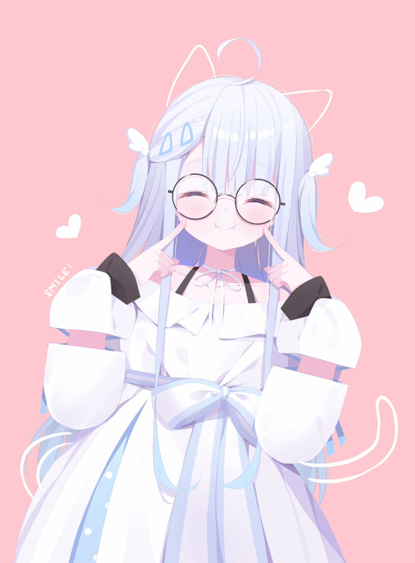 1girl :i ^_^ ahoge amatsuka_uto animal_ears bare_shoulders black-framed_eyewear blue_hair blush cat_ears cat_tail closed_eyes closed_mouth collarbone commentary deyui drawn_ears drawn_tail dress english_commentary english_text facing_viewer fingers_to_cheeks glasses hair_ornament hairclip hands_up heart highres indie_virtual_youtuber long_hair long_sleeves off-shoulder_dress off_shoulder pink_background pleated_dress puffy_long_sleeves puffy_sleeves round_eyewear simple_background sleeves_past_wrists solo tail two_side_up very_long_hair virtual_youtuber white_dress wing_hair_ornament