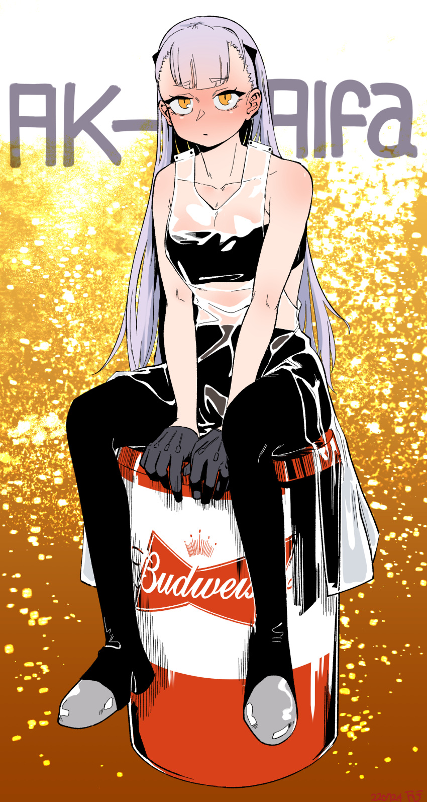 1girl absurdres ak-alfa_(girls'_frontline) beer_can black_bandeau black_pants breasts can character_name collarbone girls'_frontline gloves grey_gloves grey_hair highres long_hair medium_breasts orange_eyes pants radish_p sitting solo