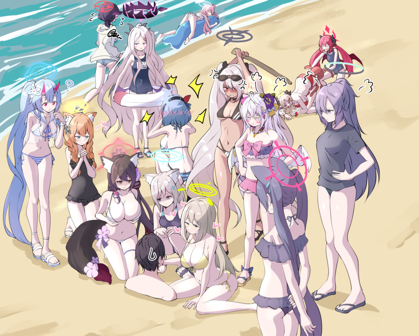 &gt;_&lt; 1boy 6+girls =3 ? absurdly_long_hair ahoge ako_(blue_archive) alternate_costume alternate_hairstyle anger_vein animal_ear_fluff animal_ears armpits arms_behind_back arms_up azusa_(blue_archive) azusa_(swimsuit)_(blue_archive) bangs bare_shoulders beach bead_necklace beads belt bikini black_bikini black_hair black_hairband black_shirt black_swimsuit blue_archive blue_eyes blue_hair blush blush_stickers breasts buried cat_ears chise_(blue_archive) chise_(swimsuit)_(blue_archive) cleavage closed_eyes closed_mouth collarbone commentary_request competition_swimsuit dark_skin demon_horns demon_wings eyewear_on_head flip-flops flower flying_sweatdrops fox_ears fox_tail from_above from_behind full_body green_eyes grey_background grey_hair hair_between_eyes hair_flower hair_ornament hairband hairclip halo heart highres hina_(blue_archive) hina_(swimsuit)_(blue_archive) holding holding_sword holding_weapon horns hoshino_(blue_archive) hoshino_(swimsuit)_(blue_archive) iori_(blue_archive) iori_(swimsuit)_(blue_archive) izumi_(blue_archive) izumi_(swimsuit)_(blue_archive) jewelry junko_(blue_archive) kneeling large_breasts long_hair looking_at_another lying mari_(blue_archive) mari_(swimsuit)_(blue_archive) mismatched_pupils multiple_girls navel necklace nonomi_(blue_archive) nonomi_(swimsuit)_(blue_archive) ocean octopus off-shoulder_bikini off_shoulder on_stomach one-piece_swimsuit orange_hair own_hands_clasped own_hands_together pink_hair ponytail purple_eyes purple_hair red_bikini red_eyes sandals school_swimsuit sensei_(blue_archive) serika_(blue_archive) serika_(swimsuit)_(blue_archive) shiroko_(blue_archive) shiroko_(swimsuit)_(blue_archive) shirt short_sleeves side-tie_bikini sidelocks sitting smile spaghetti_strap squatting squiggle standing stomach striped striped_bikini sunglasses sweatdrop swimsuit sword tail thighlet tonomiya68 top-down_bottom-up trapped twintails two_side_up very_long_hair wakamo_(blue_archive) wakamo_(swimsuit)_(blue_archive) walking wariza weapon white_bikini wings wooden_sword yellow_bikini yellow_eyes yuuka_(blue_archive)