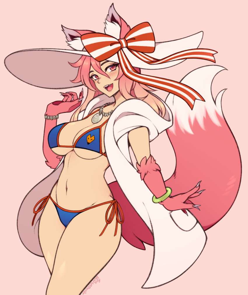 animal_humanoid bikini breasts canid canid_humanoid canine canine_humanoid caster_tamamo-no-mae clothing fate_(series) female fox_humanoid hair hat headgear headwear hi_res humanoid jewelry mammal mammal_humanoid pink_hair ribbons scarlet_(artist) solo swimwear