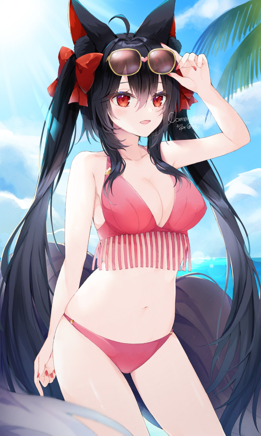 1girl 95kazumi ahoge animal_ears arm_up bare_arms bare_shoulders bikini black_hair bow breasts cleavage collarbone commission cowboy_shot day eyewear_on_head fox_ears fox_girl fox_tail hair_bow halterneck hand_on_eyewear highres large_breasts large_tail light_rays long_hair looking_at_viewer nail_polish navel open_mouth original outdoors pink_bikini red_eyes red_nails sidelocks skeb_commission smile solo standing stomach string_bikini sunbeam sunglasses sunlight swimsuit tail thighs twintails very_long_hair