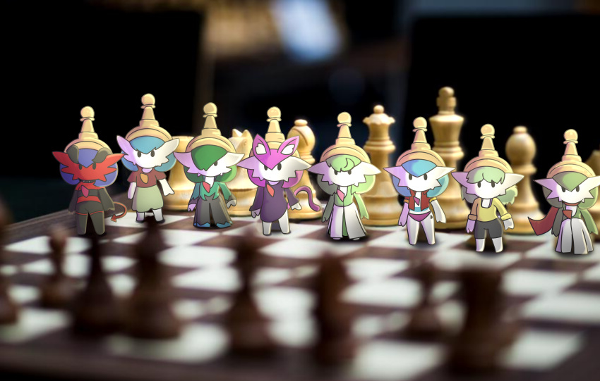 2022 ailin blue_hair cat_tail chess chess_board chess_hat chess_piece chibi clothing demon demon_humanoid enrique849 fan_character feline_ears female fusion gardevoir green_hair group hair hi_res humanoid katherine_(complex_vortex) lucinda_(baterco) nintendo not_furry photo_background pink_hair pok&eacute;mon pok&eacute;mon_(species) pok&eacute;mon_fusion red_body scarf shiny_pok&eacute;mon spade_tail succubus video_games