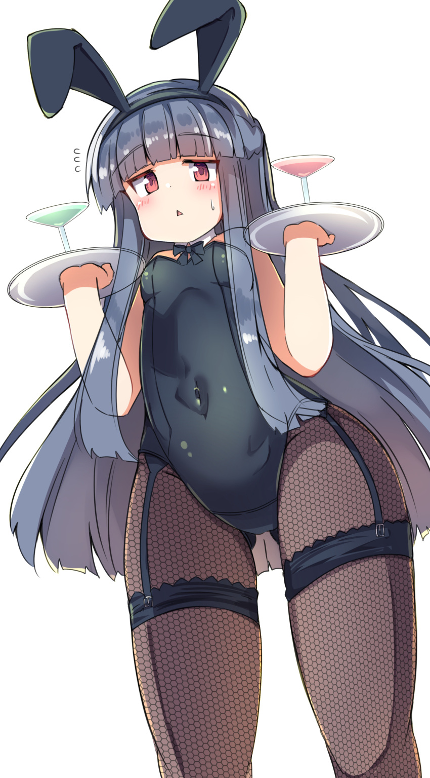 1girl :&lt; absurdres animal_ears arms_up ass_visible_through_thighs bare_shoulders black_leotard black_pantyhose blue_hair blush breasts covered_navel fake_animal_ears fishnet_legwear fishnets flying_sweatdrops garter_straps highres idolmaster idolmaster_cinderella_girls idolmaster_cinderella_girls_starlight_stage leotard long_hair pantyhose playboy_bunny rabbit_ears red_eyes sajo_yukimi simple_background small_breasts solo strapless strapless_leotard thighs tray umberblack waitress white_background