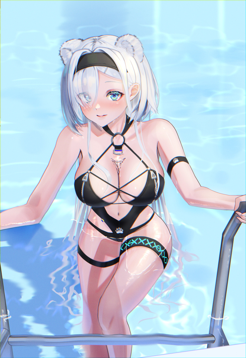 1girl absurdres animal_ears arknights arm_strap aurora_(arknights) bare_shoulders bear_ears black_hairband black_swimsuit blue_eyes blush breasts bust_cup casual_one-piece_swimsuit center_opening cleavage closed_mouth eyes_visible_through_hair feet_out_of_frame geomiddang hair_over_one_eye hairband highres infection_monitor_(arknights) large_breasts long_hair looking_at_viewer navel one-piece_swimsuit pool pool_ladder smile solo swimsuit thigh_strap very_long_hair water white_hair