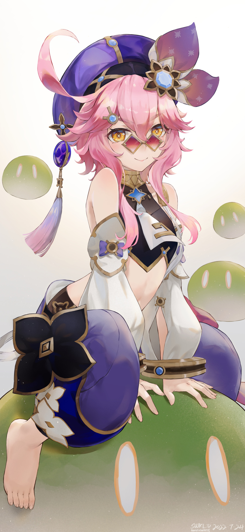 1girl absurdres arm_support artist_name barefoot blue_gemstone blush breasts closed_mouth crop_top dated detached_sleeves dori_(genshin_impact) gem genshin_impact hair_flaps harem_pants hat hat_tassel highres navel orange_eyes pants pink_hair purple_headwear purple_pants red-tinted_eyewear short_hair_with_long_locks sitting slime_(genshin_impact) small_breasts smile solo stomach sunglasses swkl:d tassel tinted_eyewear toes white_background white_sleeves wide_sleeves