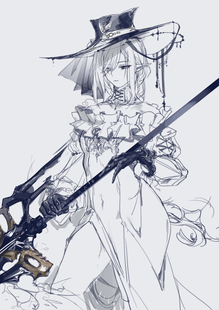 1girl a9712mob alternate_costume arknights bangs bare_shoulders black_gloves collarbone cropped_legs dress frilled_dress frills gladiia_(arknights) gloves hair_over_one_eye hat highres holding holding_polearm holding_weapon long_sleeves off-shoulder_dress off_shoulder one_eye_covered pointy_ears polearm red_eyes simple_background solo weapon white_background