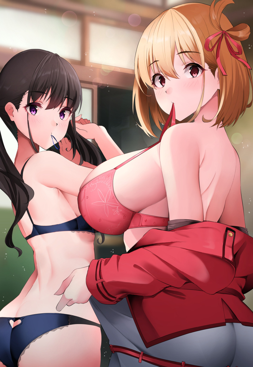 2girls absurdres ass black_hair blonde_hair blue_bra blue_panties blurry blurry_background bra breasts closed_mouth commentary_request dress highres indoors inoue_takina large_breasts long_hair long_sleeves looking_at_viewer lycoris_recoil mouth_hold multiple_girls nishikigi_chisato panties purple_eyes red_bra red_eyes sezok short_hair twintails underwear