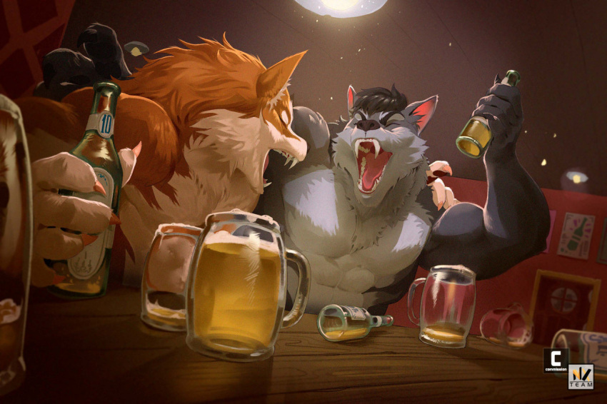 2022 5_fingers abs alcohol anthro bar bare_chest beer beer_bottle bellamy_(gasaraki2007) beverage black_hair black_nose bottle canid canine canis claws domestic_dog drinking drunk duo fangs finger_claws fingers fur gasaraki2007_(copyright) grey_body grey_fur hair hand_on_shoulder husky inside male mammal multicolored_body multicolored_fur muscular muscular_anthro muscular_male nexus nordic_sled_dog open_mouth open_smile red_body red_fur signature smile spitz substance_intoxication tan_body tan_fur tongue two_tone_body two_tone_fur were werecanid werecanine werewolf zane_(gasaraki2007)