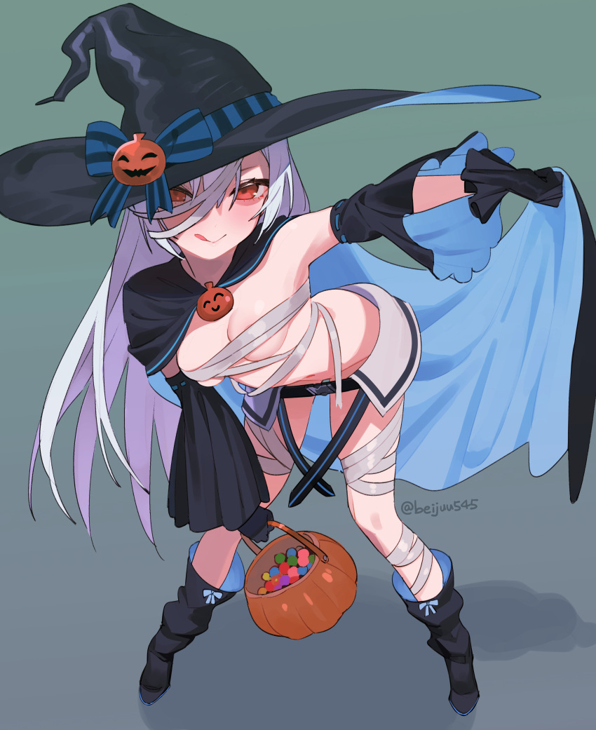1girl absurdres bandages beijuu bent_over black_footwear black_gloves black_headwear blush boots breasts closed_mouth detached_sleeves full_body girls'_frontline gloves grey_hair halloween halloween_costume hat hat_ribbon highres licking_lips long_hair looking_at_viewer medium_breasts official_alternate_costume red_eyes ribbon smile solo standing tokarev_(girls'_frontline) tokarev_(thief_of_sweetness)_(girls'_frontline) tongue tongue_out witch_hat