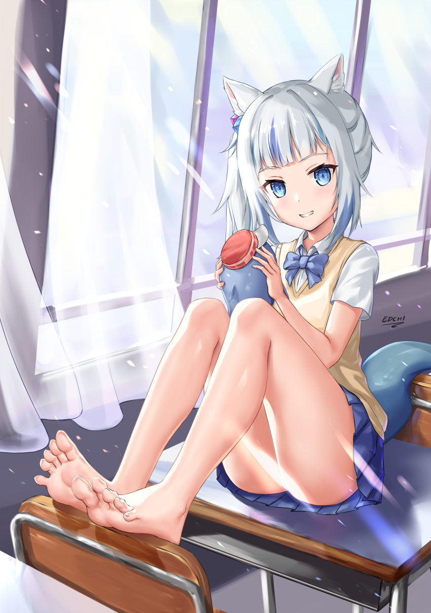 1girl 1other absurdres alternate_costume animal_ears arms_up bangs bare_legs barefoot bloop_(gawr_gura) blue_hair blue_skirt blush brown_vest cat_ears classroom collared_shirt curtains desk edchi english_commentary feet fish_tail gawr_gura grey_hair hair_ornament highres holding hololive hololive_english indoors knees_up legs legs_together long_legs looking_at_viewer medium_hair multicolored_hair official_alternate_hairstyle on_desk panties pantyshot parted_lips pleated_skirt school_uniform shadow shark_girl shark_tail sharp_teeth shiny shiny_hair shirt short_sleeves side_ponytail sidelocks signature sitting sitting_on_desk skirt streaked_hair tail teeth thighs toes underwear vest virtual_youtuber white_panties white_shirt window