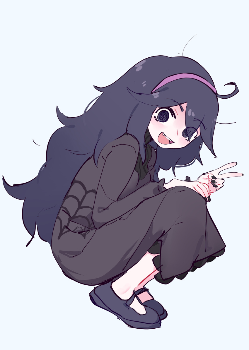 1girl :d @_@ absurdres bangs black_nails dress eds from_side full_body hairband happy hex_maniac_(pokemon) highres long_hair nail_polish open_mouth pokemon pokemon_(game) pokemon_xy purple_hairband shoes smile solo squatting teeth tongue upper_teeth v white_background