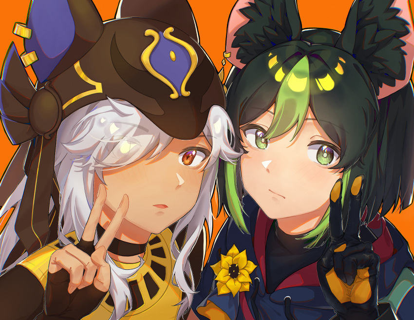 2boys absurdres animal_ear_fluff animal_ears animal_hood arabian_clothes black_choker black_hair blunt_ends bridal_gauntlets chinese_commentary choker commentary_request cyno_(genshin_impact) dark-skinned_male dark_skin flower fox_boy genshin_impact green_eyes green_hair grey_hair hair_between_eyes hair_over_one_eye headpiece highres hood jackal_ears long_hair male_focus multicolored_hair multiple_boys parted_lips pharaoh_hound red_eyes streaked_hair tighnari_(genshin_impact) v yellow_flower yu86481955