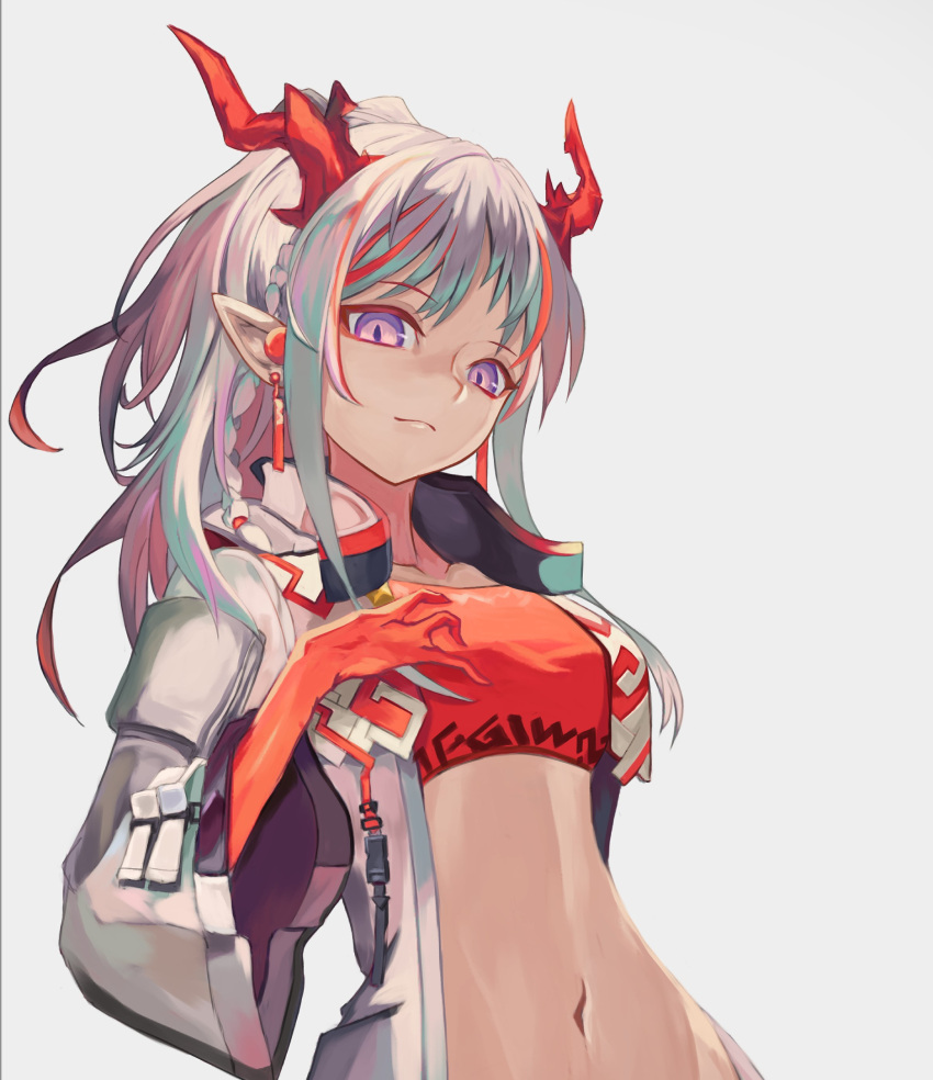 1girl arknights bandeau breasts closed_mouth coat colored_skin e_nnihql grey_background grey_hair hand_up highres horns long_hair long_sleeves looking_at_viewer multicolored_hair multicolored_skin navel nian_(arknights) open_clothes open_coat pointy_ears purple_eyes sidelocks simple_background small_breasts smile solo streaked_hair upper_body white_coat