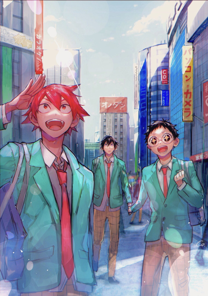 +_+ 3boys black_hair building character_request commentary_request glasses highres holding_hands imaizumi_shunsuke kokoko_(aimai_co) lower_teeth male_focus multiple_boys naruko_shoukichi necktie onoda_sakamichi open_mouth red_eyes red_hair school_uniform short_hair skyscraper smile teeth upper_teeth yowamushi_pedal