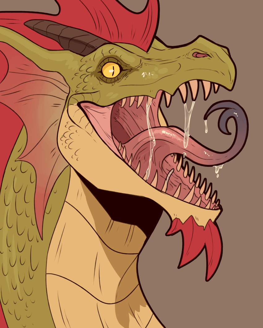 absurd_res ambiguous_gender black_horn black_tongue bodily_fluids dragon dripping ear_frill frill_(anatomy) glistening glistening_eyes green_body green_scales hi_res horn imperatorcaesar mouth_shot multicolored_tongue open_mouth pink_tongue pupils red_frill saliva saliva_drip saliva_on_tongue saliva_string scales sharp_teeth slit_pupils solo tan_body tan_scales tan_teeth teeth tongue two_tone_tongue