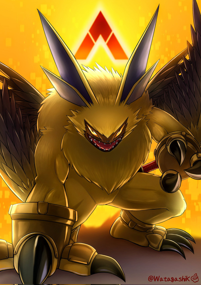 angry anthro bandai_namco claws digimon digimon_ghost_game fluffy_chest fur hi_res lamortmon long_ears male monster muscular muscular_anthro muscular_male orange_eyes sharp_claws sharp_teeth solo teeth watagashikn winged_arms wings yellow_body yellow_fur