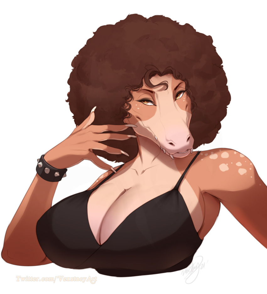 2022 5_fingers afro anthro bare_shoulders bracelet breasts brown_hair clothed clothing digital_media_(artwork) eyebrows eyelashes female fingers gat hair hi_res jewelry non-mammal_breasts orange_eyes scalie signature smile spiked_bracelet spikes teeth text url vexstacy