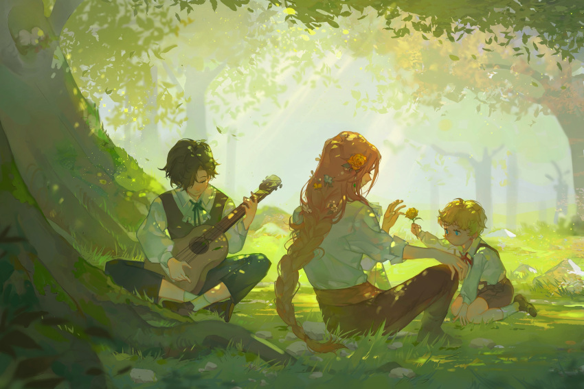 3boys acoustic_guitar bangs black_hair black_pants blonde_hair blue_ribbon braid braided_ponytail brown_pants brown_shorts character_request child closed_eyes collared_shirt dappled_sunlight day dream_smp eyelashes feisekong286 flower flower_braid forest giving grass guitar hair_flower hair_ornament hair_over_one_eye hand_up highres holding holding_flower holding_instrument indian_style instrument knees_up long_hair long_sleeves looking_at_another looking_away male_child moss multiple_boys music nature neck_ribbon on_ground outdoors outstretched_arm pants playing_instrument red_ribbon ribbon rock shirt shoes short_hair shorts single_braid sitting sunlight suspender_shorts suspenders technoblade tommyinnit tree tree_shade under_tree very_long_hair vest wariza white_shirt yellow_flower