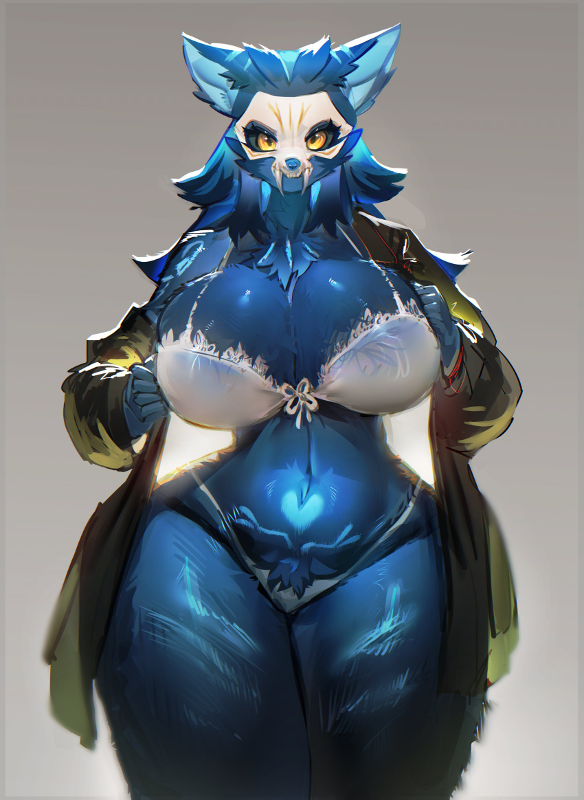 absurd_res abyssal_wolf amber_eyes anthro big_breasts blue_body blue_fur blush bone bra breasts canid canine canis clothed clothing coat elvia female fur hair hi_res huge_breasts looking_at_viewer mammal mask skull skull_mask solo thick_thighs topwear underwear utterangle wolf