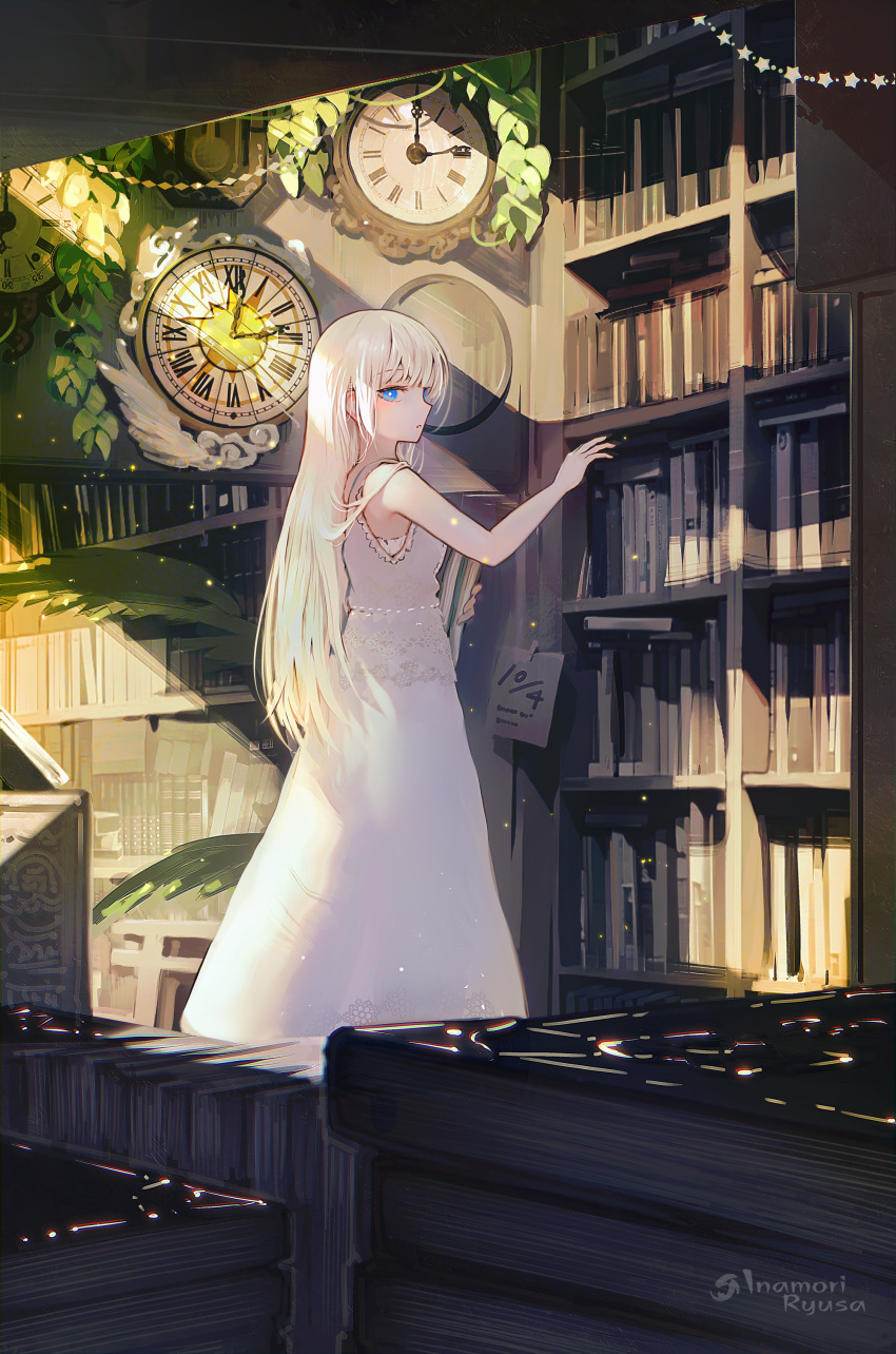 1girl absurdres analog_clock aqua_eyes artist_name bangs book book_stack bookshelf clock commentary dated dress english_commentary highres holding holding_book inaeda_kei long_hair looking_at_viewer original outstretched_arm plant shadow sleeveless sleeveless_dress solo star_(symbol) white_dress white_hair