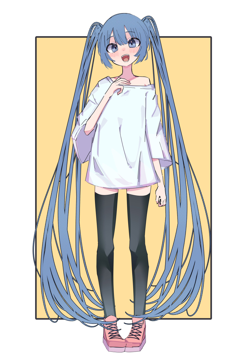 1girl absurdres aqua_eyes bare_shoulders blush border framed hand_on_own_chest hatsune_miku highres light_blue_hair long_hair long_shirt looking_at_viewer loose_sleeves myakuroekako off_shoulder open_mouth pigeon-toed pink_footwear shirt shoes smile sneakers solo t-shirt thighhighs twintails very_long_hair vocaloid wide_sleeves yellow_background zettai_ryouiki