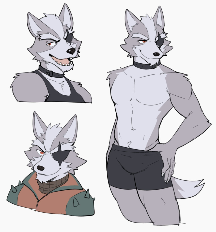 anthro canid canine clothed clothing collar eye_patch eyewear fur grey_body grey_fur hi_res jacket jrjresq male mammal nintendo partially_clothed red_eyes simple_background star_fox topwear underwear video_games white_background wolf_o'donnell