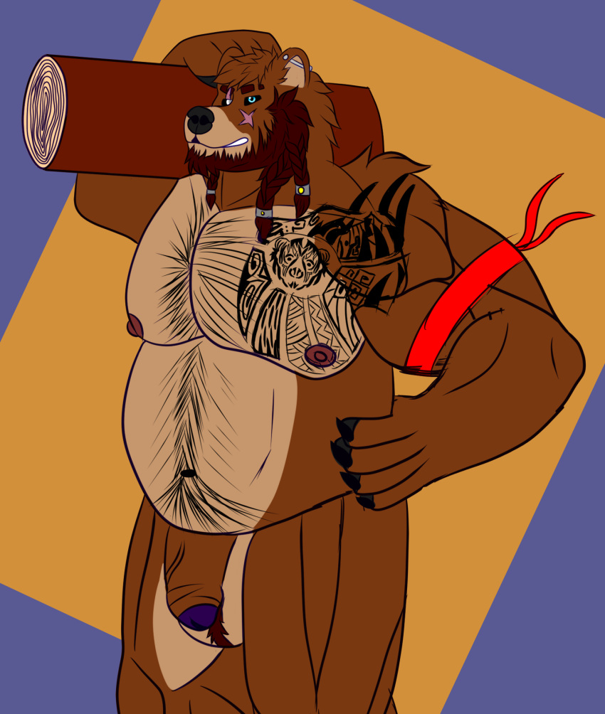2022 anthro balls bandanna beard beard_ponytail belly big_belly big_muscles blind_eye body_hair brown_body chest_tattoo claws colored digital_drawing_(artwork) digital_media_(artwork) dreadlocks ear_piercing eye_scar facial_hair facial_scar flaccid flat_colors fluffy fur gem genitals grin hair hand_on_hip happy_trail henryfda hi_res holding_(disambiguation) holding_object humanoid_genitalia humanoid_penis jewelry kerchief line_art looking_at_viewer male mammal multicolored_body multicolored_fur musclegut muscular muscular_anthro muscular_male nipples nude overweight overweight_male pawpads pecs penis piercing purple_penis scar simple_background slightly_chubby smile smirk solo tattoo text thick_thighs tribal tribal_tattoo url ursid ursine wood wood_log
