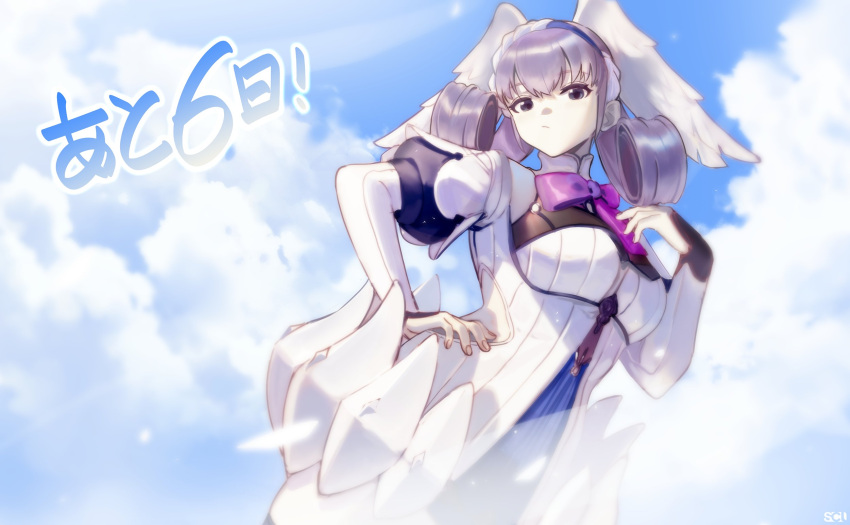 1girl blue_eyes braid crown_braid curly_hair dress grey_hair head_wings highres juliet_sleeves long_sleeves melia_antiqua o-ring puffy_sleeves short_dress solo songchuan_li thighhighs white_background wings xenoblade_chronicles:_future_connected xenoblade_chronicles_(series) xenoblade_chronicles_1