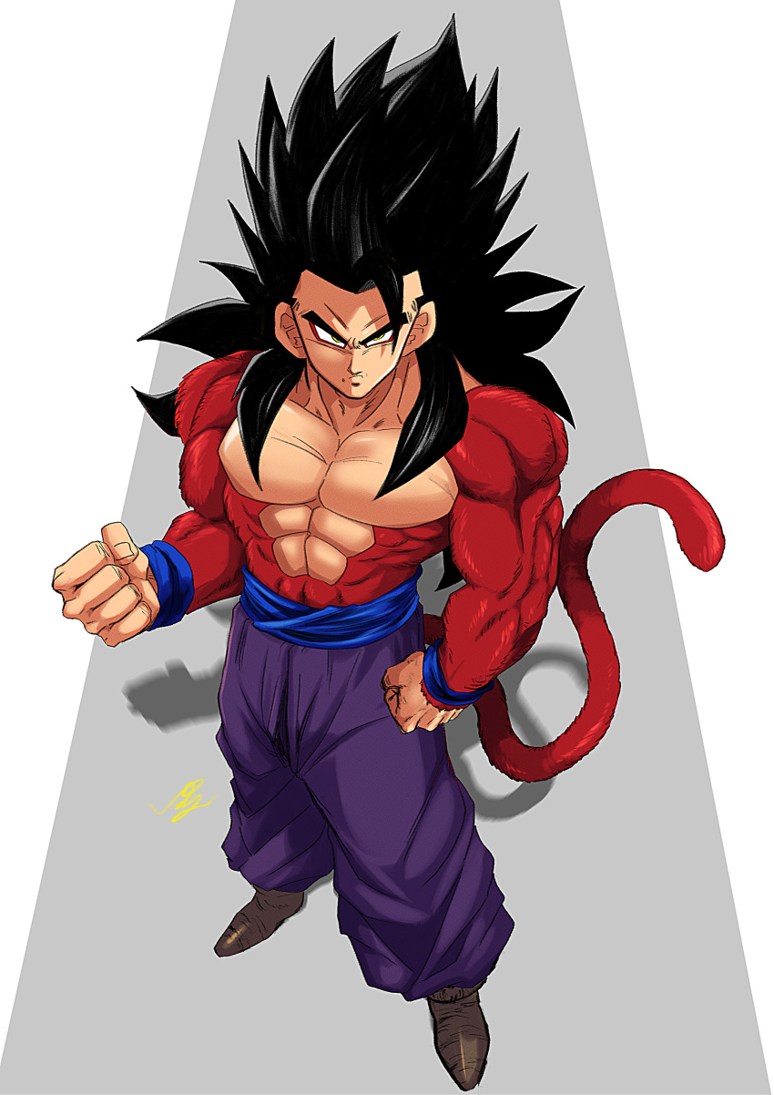 1boy abs absurdres black_hair body_fur dougi dragon_ball dragon_ball_heroes highres looking_at_viewer male_focus monkey_boy monkey_tail muscular muscular_male pectorals red_fur son_gohan super_saiyan super_saiyan_4 tail topless_male yuuri_(fukuroudou)