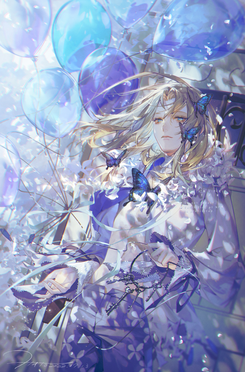 1boy artist_name balloon bishounen blonde_hair blue_butterfly blue_eyes bug butterfly day english_commentary hato_(dovecot) highres key keyring long_hair long_sleeves open_clothes open_shirt original outdoors pants shirt standing watermark white_shirt