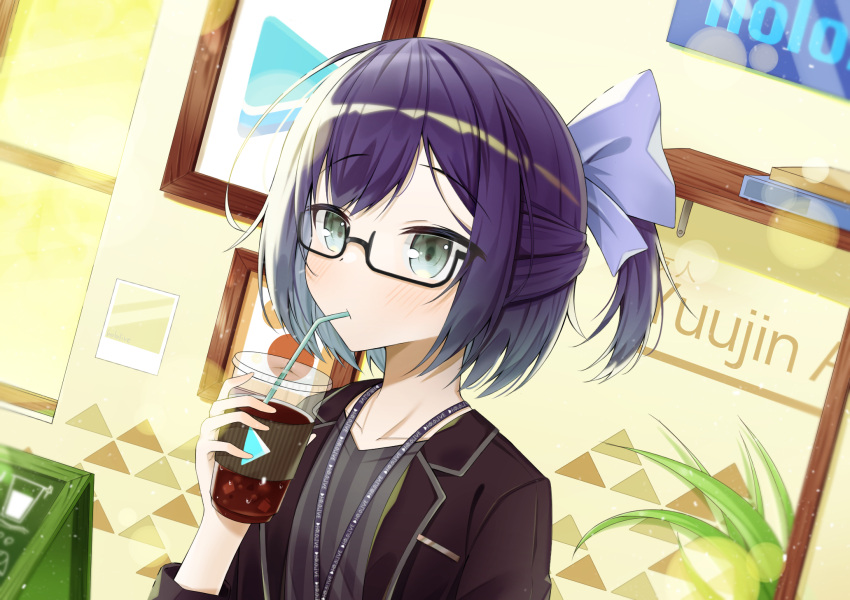 1girl a-chan_(hololive) aqua_eyes bangs black-framed_eyewear black_jacket blazer blue_bow blue_hair blush bow cup disposable_cup drinking dutch_angle glasses half_updo highres holding holding_cup hololive jacket lanyard looking_at_viewer ridario_(eag0003) semi-rimless_eyewear short_hair short_ponytail solo swept_bangs