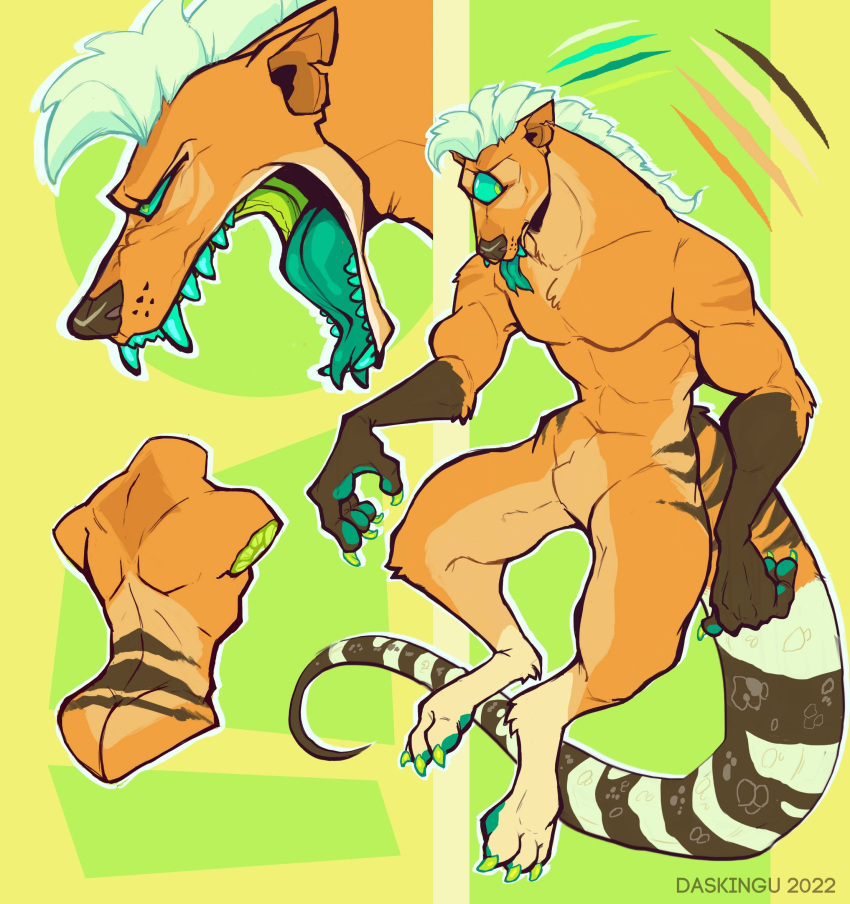1_eye anthro black_pawpads blue_sclera blue_teeth blue_tongue brown_body brown_fur brown_tail butt claws ears_back featureless_crotch finger_claws forked_tongue front_view fur gloves_(marking) green_claws green_eyes hi_res imperatorcaesar male markings model_sheet muscular muscular_anthro muscular_male nude open_mouth orange_body orange_fur pawpads pivoted_ears rear_view simple_background solo striped_body striped_fur striped_markings striped_tail stripes tail_markings tongue white_body white_fur white_tail