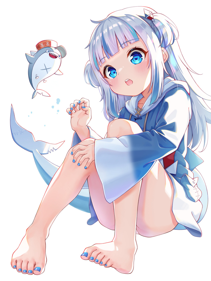 1girl 1other absurdres animal_hood bangs bare_legs barefoot bloop_(gawr_gura) blue_eyes blue_hair blue_hoodie blue_nails blunt_bangs blush collarbone convenient_leg feet fish_tail gawr_gura grey_hair hair_ornament hand_up highres hololive hololive_english hood hoodie legs long_hair long_sleeves multicolored_hair nail_polish open_mouth oversized_clothes panties panty_peek paw_pose shark_girl shark_hair_ornament shark_hood shark_tail sharp_teeth shinno sidelocks simple_background sleeves_past_wrists streaked_hair tail teeth thighs toe_scrunch toenail_polish toenails toes two_side_up underwear upper_teeth virtual_youtuber white_background white_panties wide_sleeves