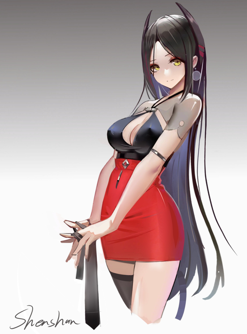 +_+ 1girl alternate_costume arknights bangs black_hair black_thighhighs breasts cleavage cleavage_cutout closed_mouth clothing_cutout covered_nipples cropped_legs dafulaoshi gradient gradient_background grey_background high-waist_skirt highres holding horns ines_(arknights) large_breasts long_hair parted_bangs red_skirt signature single_thighhigh skirt smile solo thighhighs very_long_hair yellow_eyes