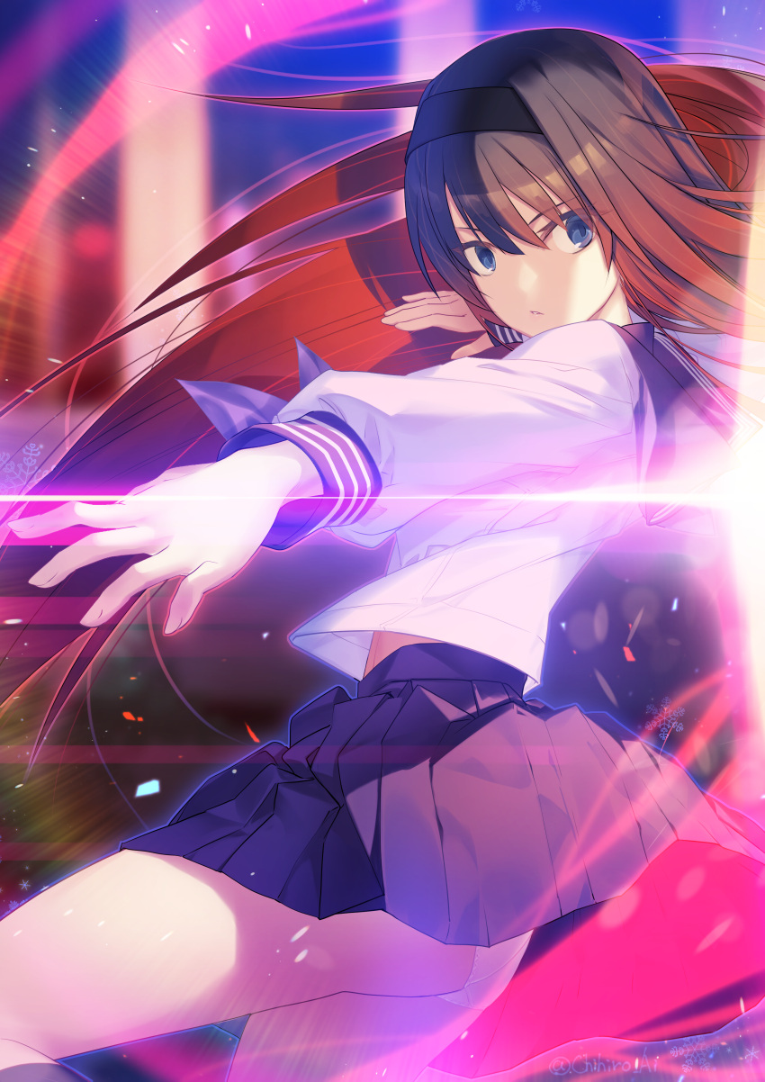 1girl absurdres aikura_chihiro ass black_hair black_hairband blouse blue_eyes blue_neckerchief blue_sailor_collar blue_skirt commentary commission english_commentary fingernails floating_hair gradient_hair hairband highres long_hair long_sleeves looking_at_viewer melty_blood melty_blood:_type_lumina miniskirt multicolored_hair neckerchief outstretched_arm panties pleated_skirt red_hair sailor_collar school_uniform shirt skeb_commission skirt snowflakes solo thighs tohno_akiha tsukihime tsukihime_(remake) twitter_username two-tone_hair underwear uniform white_panties white_shirt
