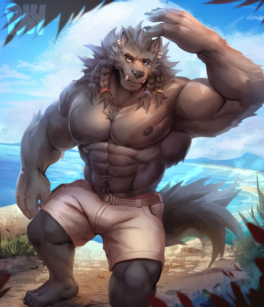 anthro beach canid canine canis hi_res looking_at_viewer male mammal muscular muscular_anthro muscular_male nipples physen seaside solo wolf