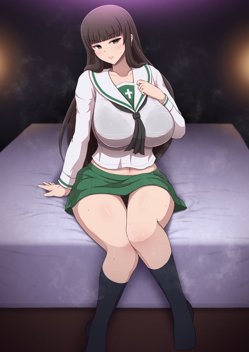 1girl arm_support bangs black_bra black_panties blunt_bangs bra bra_visible_through_clothes breasts brown_eyes brown_hair collarbone commentary_request frown girls_und_panzer highres knees_together_feet_apart large_breasts long_hair long_sleeves looking_at_viewer mature_female navel nishizumi_shiho on_bed ooarai_school_uniform panties ponponmaru sailor_collar school_uniform see-through serafuku shirt sitting sitting_on_bed socks solo thighs underwear uniform very_long_hair wet wet_clothes wet_shirt white_sailor_collar white_shirt
