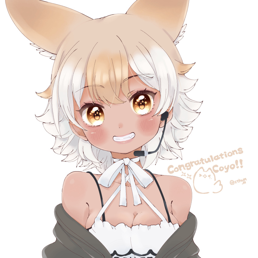 1girl absurdres bare_shoulders black_jacket black_undershirt blonde_hair choker coyote_(kemono_friends) coyote_ears coyote_girl cthun_n extra_ears highres jacket kemono_friends kemono_friends_v_project microphone multicolored_hair shirt short_hair smile solo spaghetti_strap white_choker white_hair white_shirt yellow_eyes