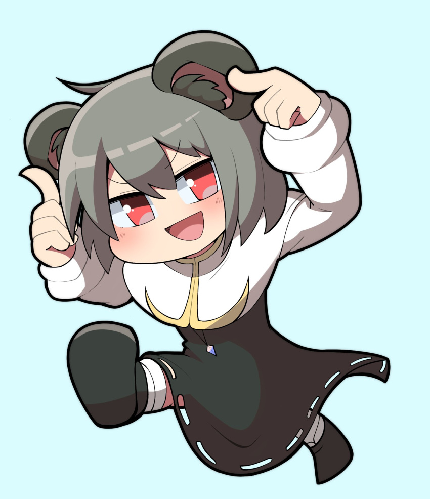 1girl :d animal_ears bangs black_footwear black_outline blue_background blush capelet commentary_request cookie_(touhou) crystal dress full_body grey_dress grey_hair highres jewelry long_sleeves madore mouse_ears mouse_girl mouse_tail nazrin nyon_(cookie) open_mouth outline pendant red_eyes running shirt shoes short_hair simple_background smile socks solo tail touhou v-shaped_eyebrows white_capelet white_shirt white_socks